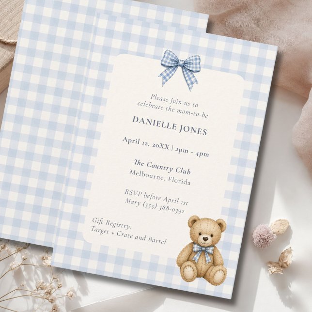 Convite de Chás de Bebê Urso de Pelúcia Xadrez Azu (Blue Gingham Teddy Bear Baby Shower Invitation)