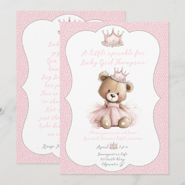 Convite de Chás de Bebê Urso Princesa (Frente/Verso)