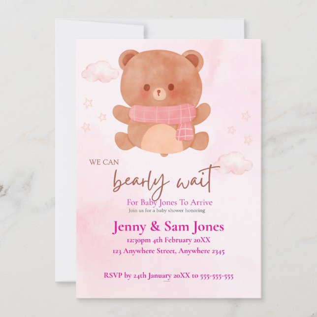 Convite de Chás de Bebê Urso Rosa | Personalizável (Frente)
