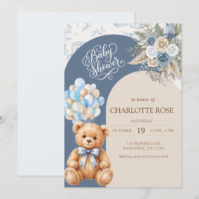 Convite de Chás de Bebê Urso Teddy Azul Desbotado (Frente/Verso)