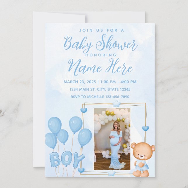 Convite de Chás de Bebê Urso Teddy Azul e Dourado (Frente)