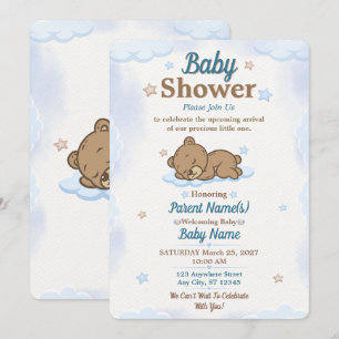 Convite de Chás de Bebê Urso Teddy Azul Editável