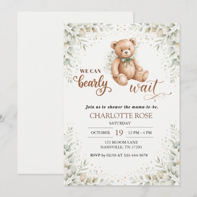 Convite de Chás de Bebê Urso Teddy de Eucalipto (Frente/Verso)