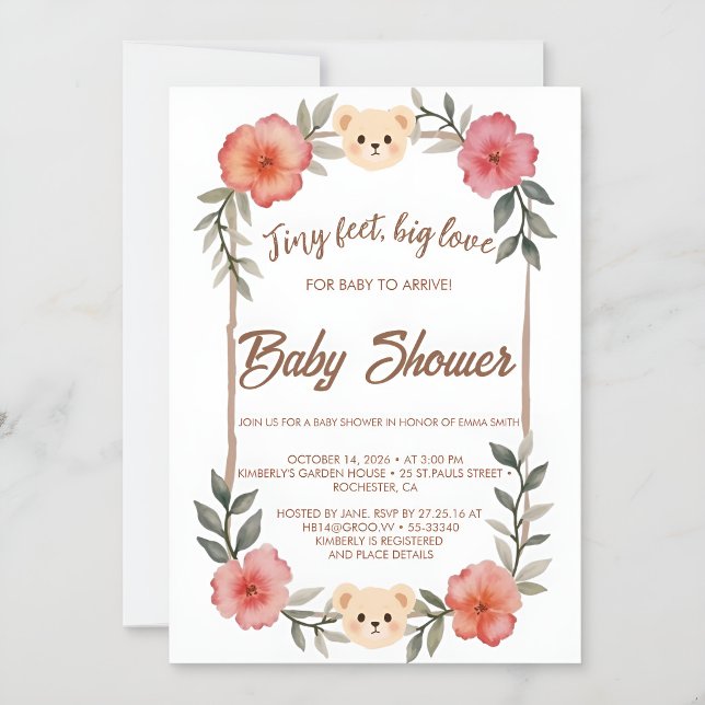 Convite de Chás de Bebê Urso Teddy Floral Neutro (Criador carregado)