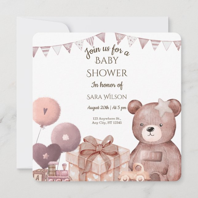 Convite de Chás de Bebê Urso Teddy Fofo (Frente)