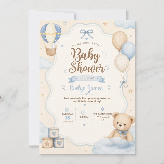 Convite de Chás de Bebê Urso Teddy Fofo (Frente)