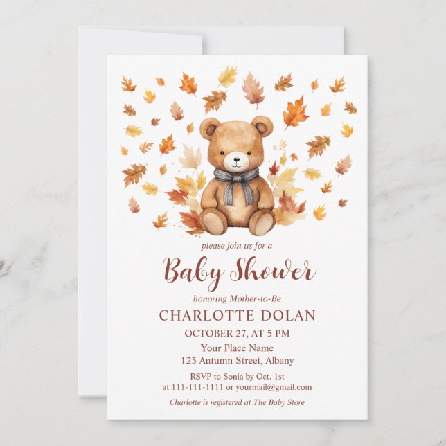 Convite de Chás de Bebê Urso Teddy Outono Aconcheg (Frente)