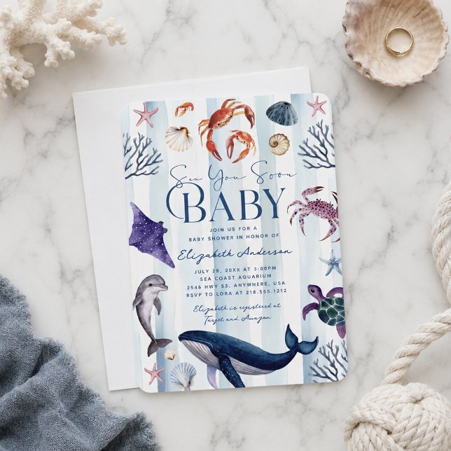Convite de Chás de Bebê Vida Marinha Sea You Soon  (Watercolor Sealife Sea You Soon Baby Shower Invitation)