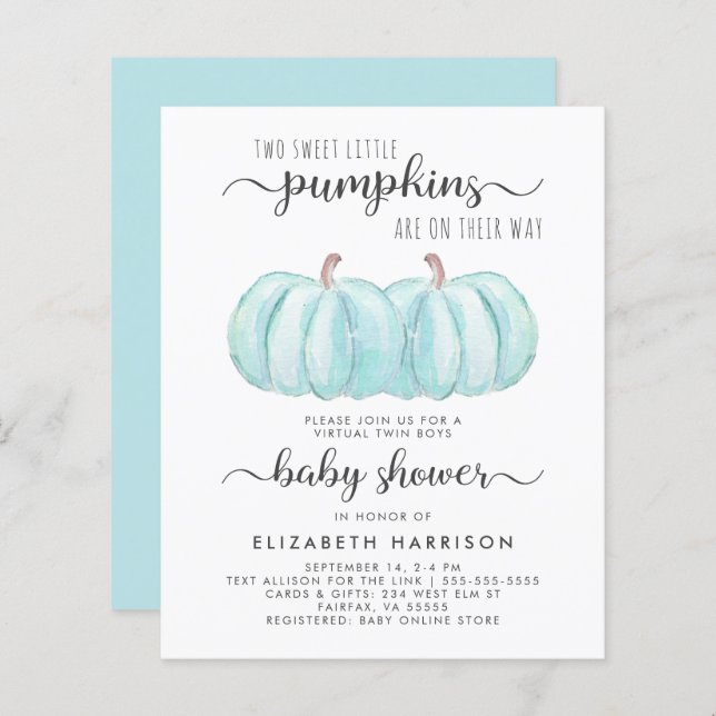 Convite de Chás de Bebê Virtual Abóbora Gêmeos (Frente/Verso)