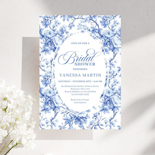 Convite de Chás de Noiva Chic Royal Blue Toile de  (Chic Royal Blue Toile de Jouy Bridal Shower Invite)