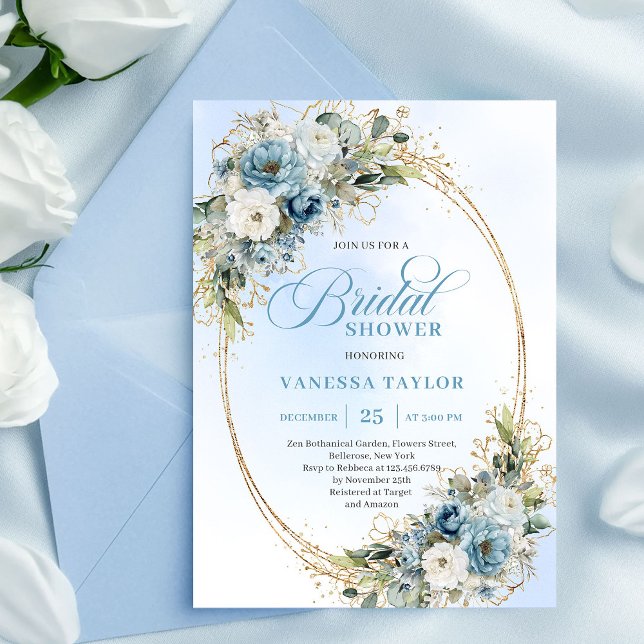 Convite de Chás de Noiva com Moldura Dourada em Az (Refined Dusty Blue Gold Frame Bridal Shower Invitation)