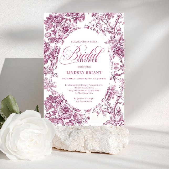 Convite de Chás de Noiva Elegantes Rosas Tole de F (Elegant Fuchsia Toile Roses Bridal Shower Invitation

)