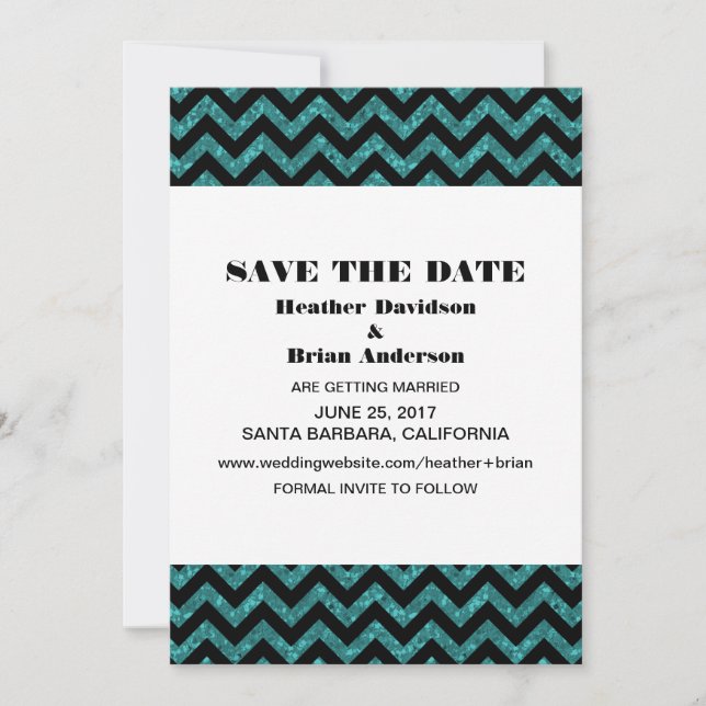 Convite de Chevron Glitter Save the Date, Azul Tur (Frente)