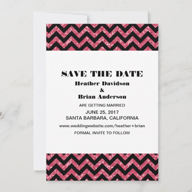 Convite de Chevron Glitter Save the Date, Rosa (Frente)