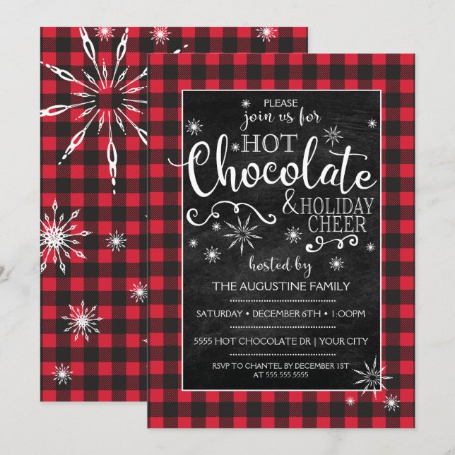 Convite de Chocolate Quente Flocos de Neve e Xadre (Frente/Verso)