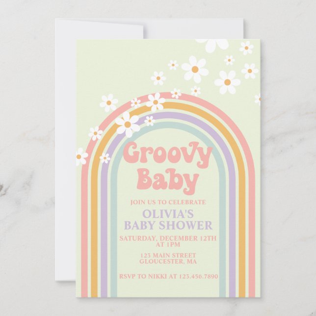 Convite de Churrasco Baby Pastel Arco-íris Groovy  (Frente)