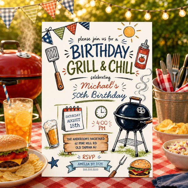 Convite de Churrasco de Aniversário Grill & Chill (Criador carregado)