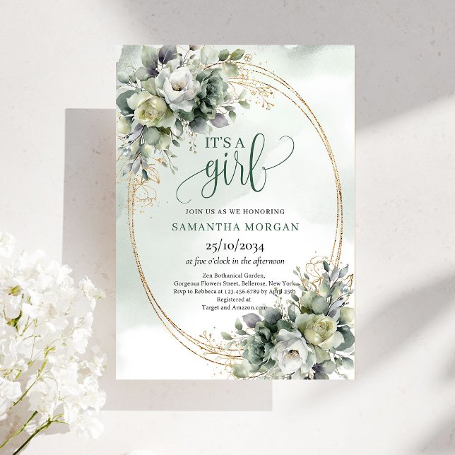 Convite de Churrasco de Bebê Boho Elegância Verde  (Boho Elegance Greenery Gold Baby Shower Invitation)