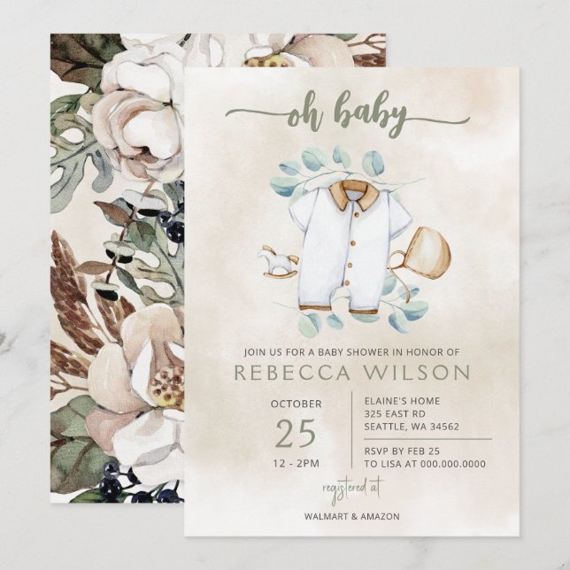 Convite de Churrasco de Bebê Boho Neutro Oh Baby (Frente/Verso)