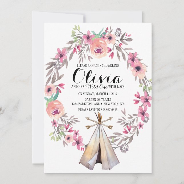 Convite de Churrasco de Bebê Boho Tribal Floral Te (Frente)