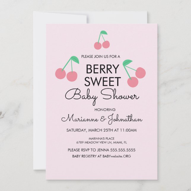 Convite de Churrasco de Bebê Cerejas Fruta Rosa Ve (Frente)