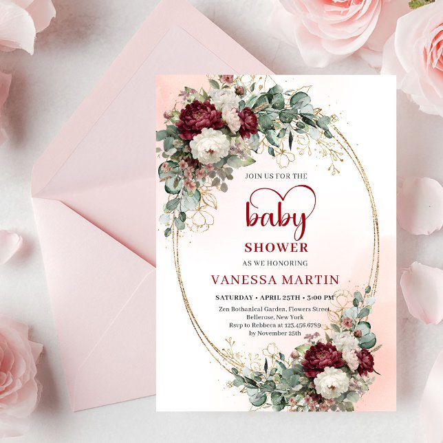 Convite de Churrasco de Bebê Chic Burgundy Dourado (Chic Burgundy Gold Script Baby Shower Invitation

)