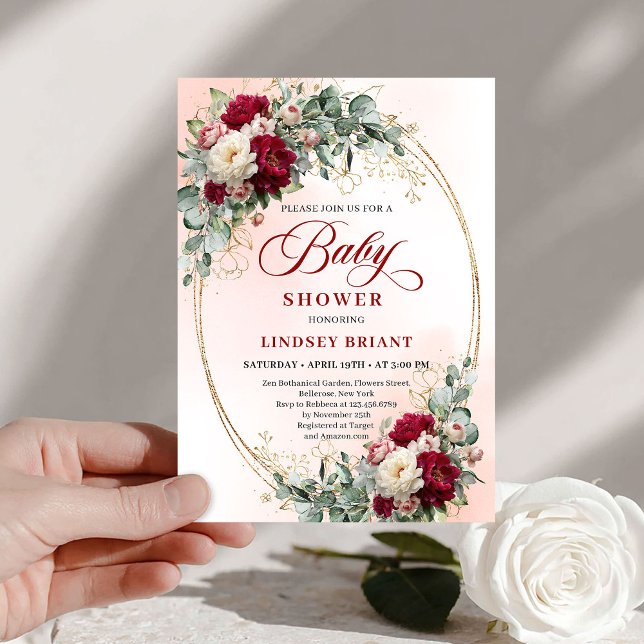 Convite de Churrasco de Bebê Chic Rústico Borgonha (Chic Rustic Burgundy Peony Gold Baby Shower Invite)