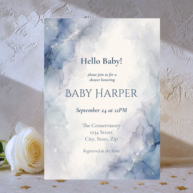 Convite de Churrasco de Bebê com Aquarela Azul | E (Elegant blue watercolor baby shower invitation with soft luxury modern artwork.)