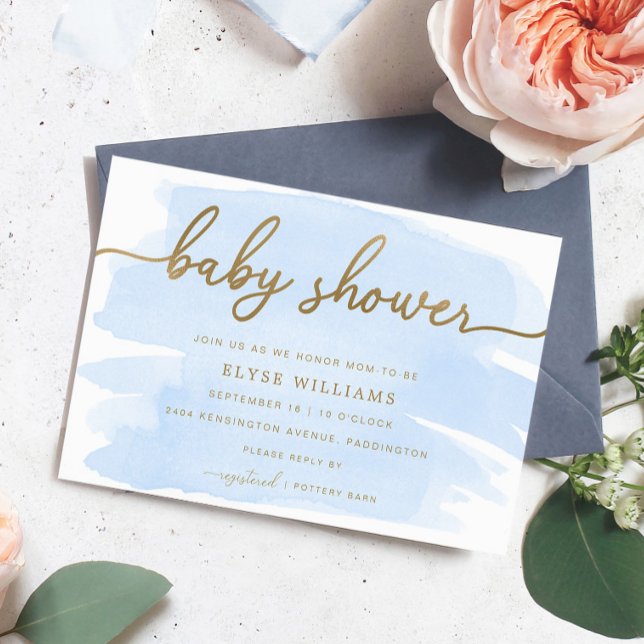 Convite de Churrasco de Bebê com Aquarela Azul e D (Baby Shower Invitation Blue Watercolour Gold)