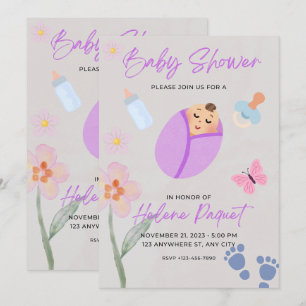 Convite de Churrasco de Bebê com Aquarela Lavanda
