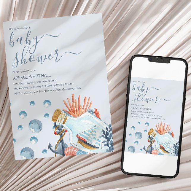 Convite de Churrasco de Bebê com Aquarela Náutica  (Criador carregado)