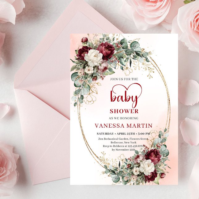 Convite de Churrasco de Bebê com Verde Clássico em (Classic Burgundy Gold Greenery Baby Shower Invitation)