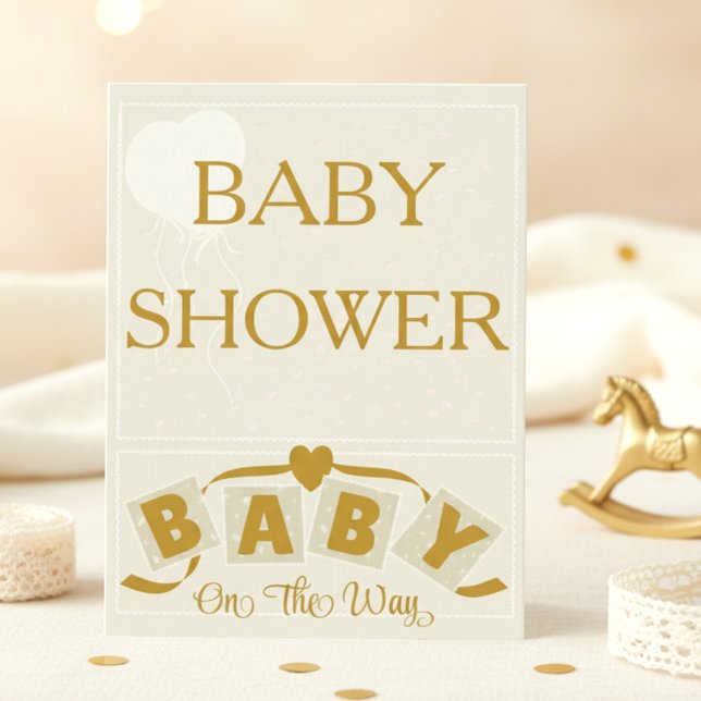 Convite de Churrasco de Bebê Coração e Fita Creme  (Elegant cream & gold baby shower card, customizable details. )
