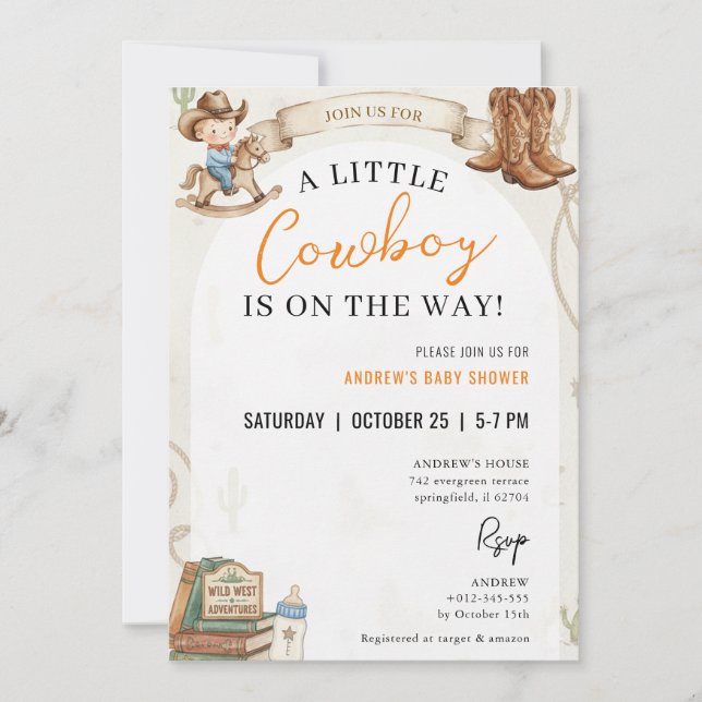 Convite de Churrasco de Bebê Cowboy Personalizado (Frente)