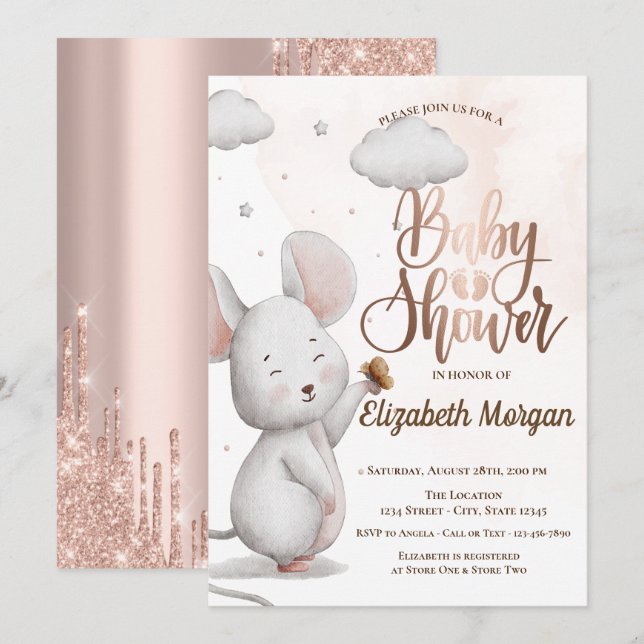 Convite de Churrasco de Bebê Cute Mouse Rose Gold  (Frente/Verso)