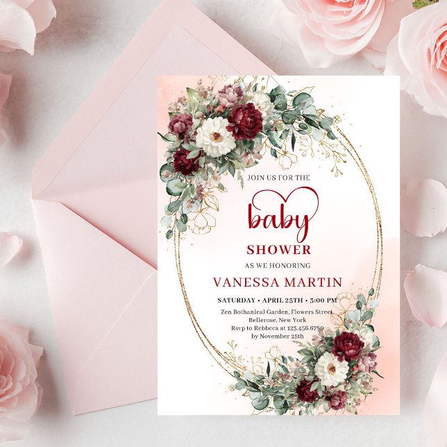 Convite de Churrasco de Bebê de Eucalipto Vermelho (Elegant Deep Red Eucalyptus Baby Shower Invitation

)