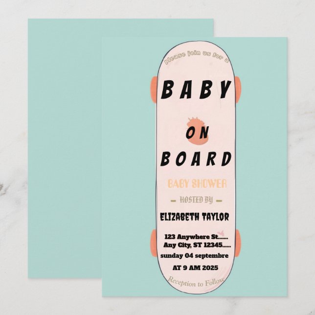 Convite de Churrasco de Bebê de Skate Baby on Boar (Frente/Verso)