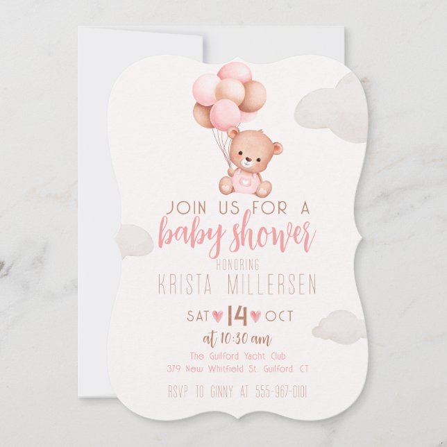 Convite de Churrasco de Bebê Editável Urso Rosa e  (Frente)