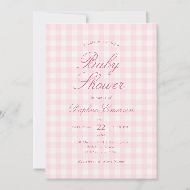 Convite de Churrasco de Bebê em Xadrez Rosa Elegan (Frente)