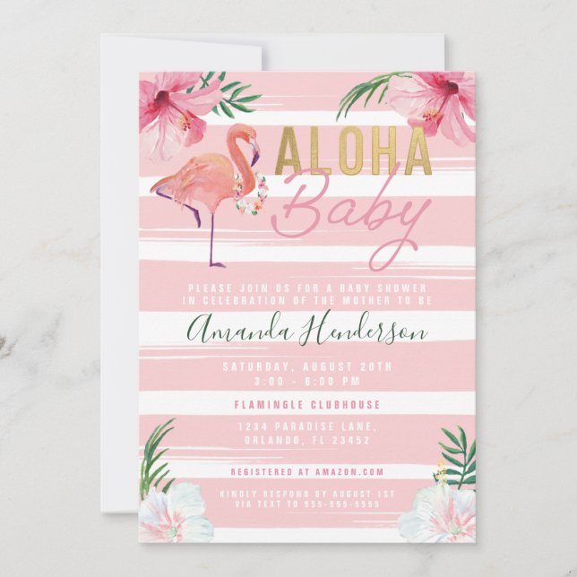 Convite de Churrasco de Bebê Flamingo Baby Aloha, (Frente)
