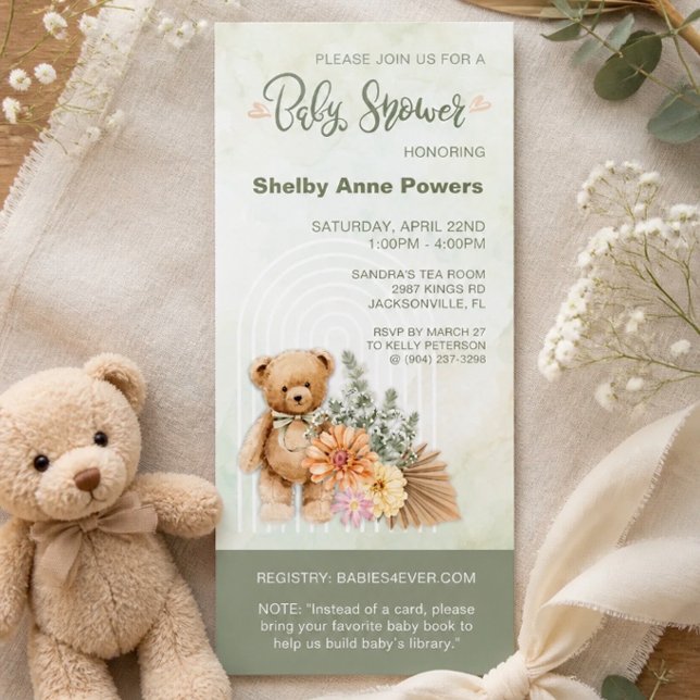 Convite de Churrasco de Bebê Floral e Urso Neutro  (Criador carregado)