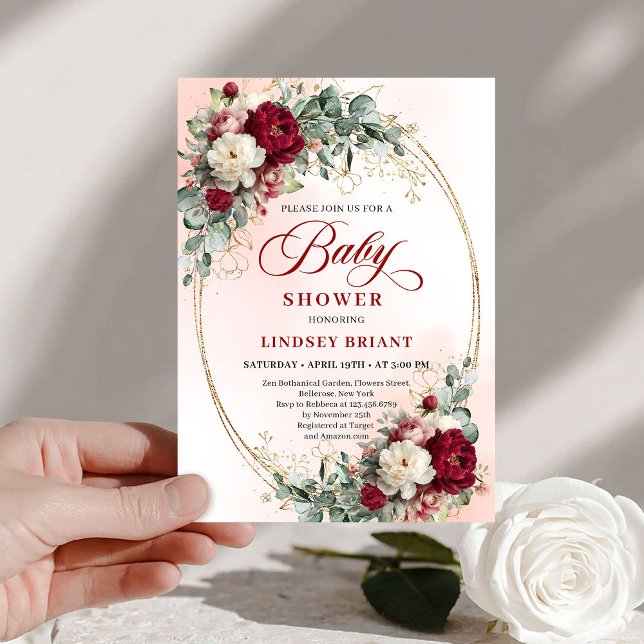 Convite de Churrasco de Bebê Floral Marsala Boêmio (Bohemian Marsala Floral Baby Shower Invitation)