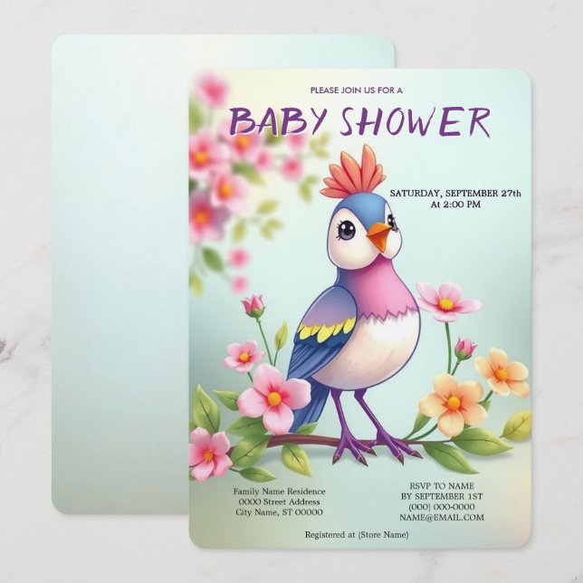 Convite de Churrasco de Bebê Floral Pássaro Azul R (Frente/Verso)