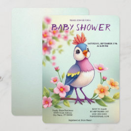 Convite de Churrasco de Bebê Floral Pássaro Azul R