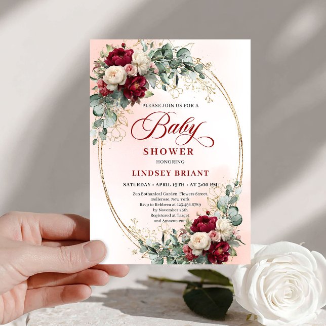 Convite de Churrasco de Bebê Floral Vermelho Profu (Classic Rustic Deep Red Floral Baby Shower Invite)