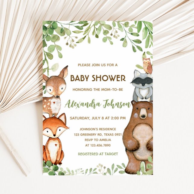 Convite de Churrasco de Bebê Greenery Woodland (Woodland Animals Baby Shower Invitation)