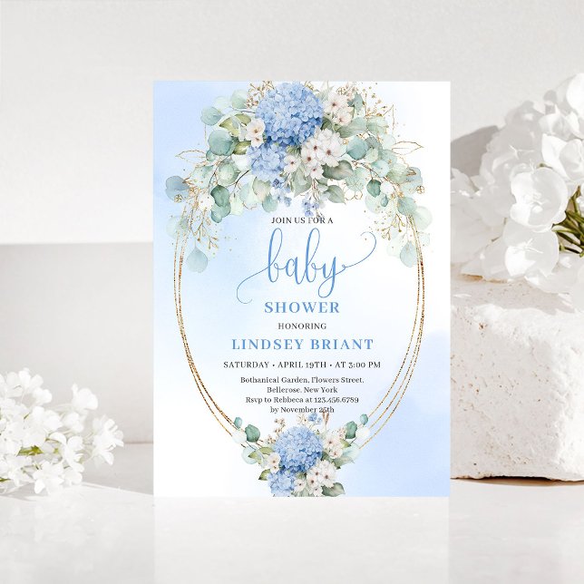 Convite de Churrasco de Bebê Hydrangea Azul Elegan (Elegant Blue Hydrangea Baby Shower Gold Invitation)