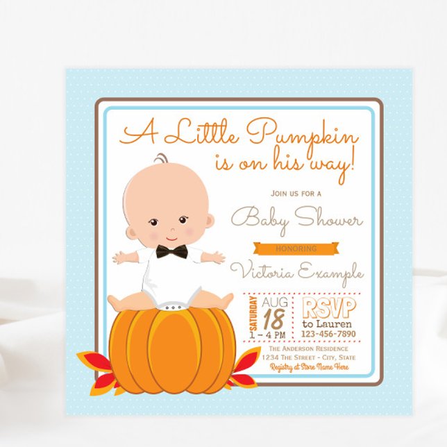 Convite de Churrasco de Bebê Menino Pequena Abóbor (Cute little pumpkin baby shower invitation with adorable baby boy. Simply add your event details.)