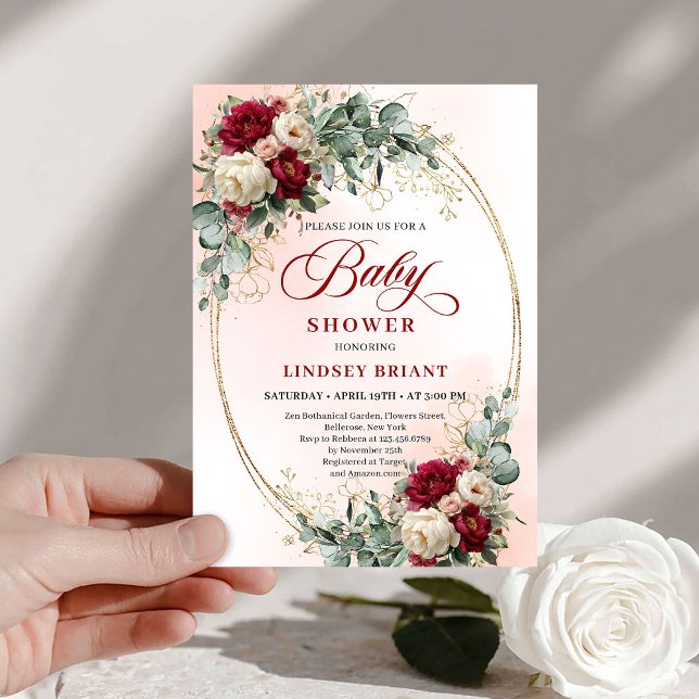 Convite de Churrasco de Bebê Moderno Boho Burgundy (Modern Boho Burgundy and Gold Baby Shower Invite)