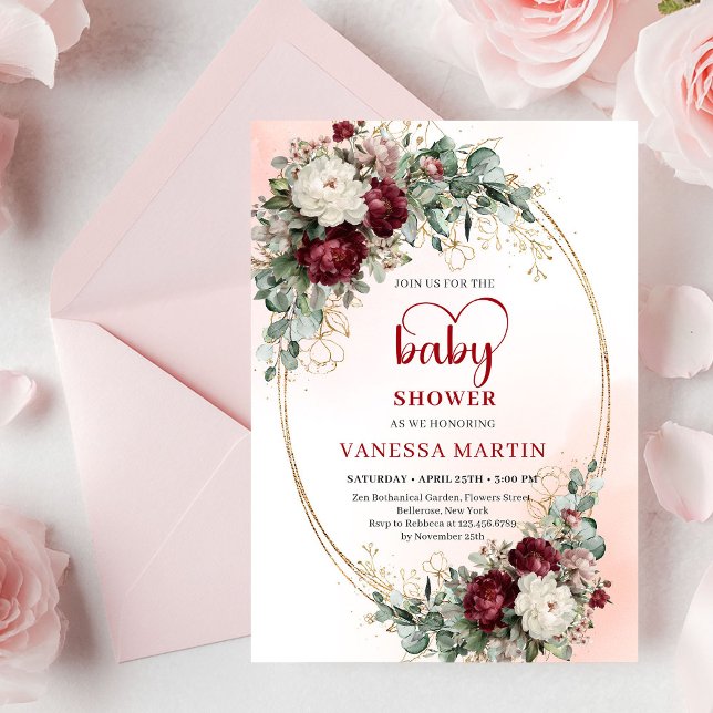 Convite de Churrasco de Bebê Moderno Floral Vermel (Modern Deep Red Floral Gold Baby Shower Invite

)